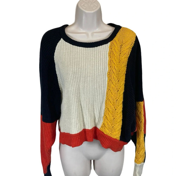 Moon Madison Sweater Colorblock Mixed Media Cable Knit Long Sleeve Cropped M - Picture 2 of 8
